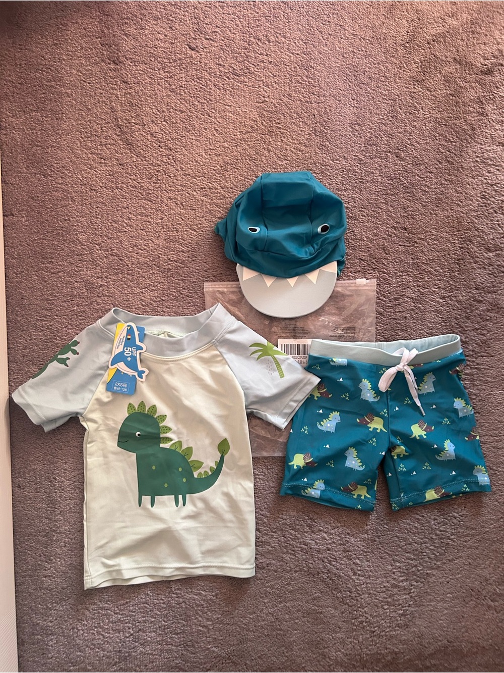 Baby Dino Swim Set with Shark Sun Hat - Teal & White